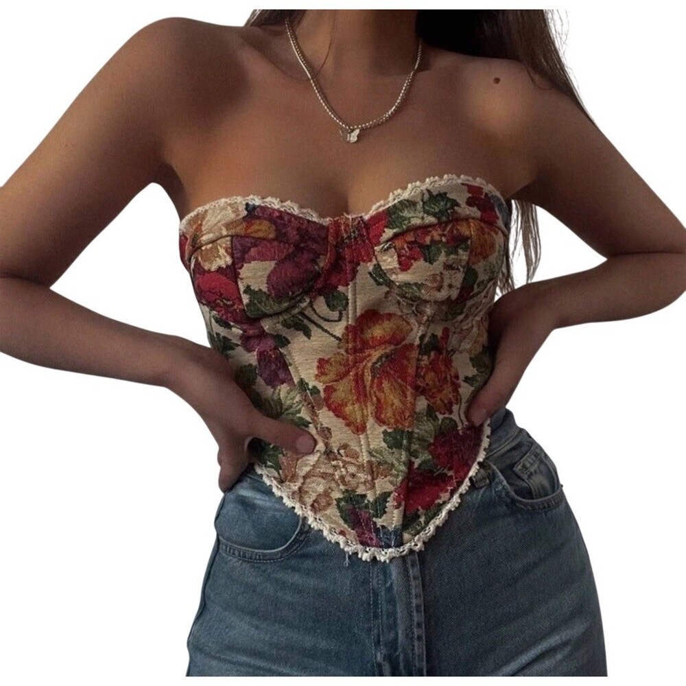 Y2k orange floral corset bustier top S festive whimsygoth club wear romantic
